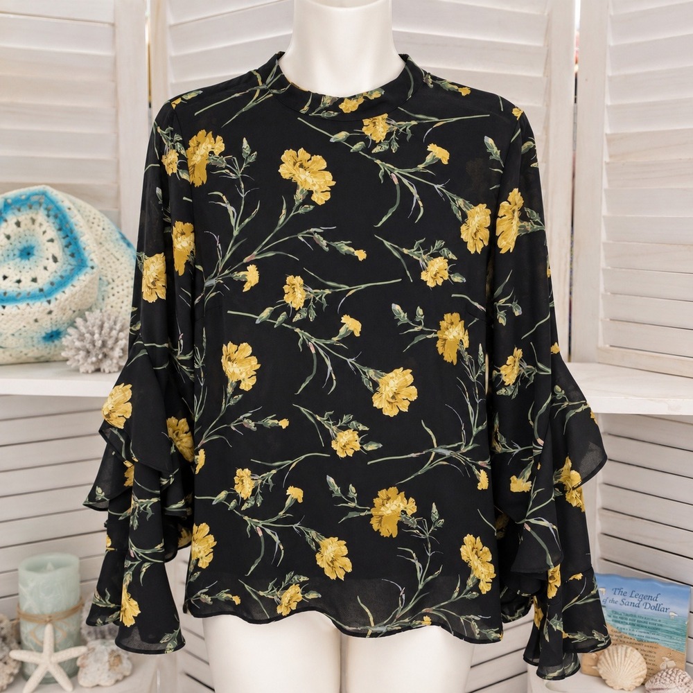 Warehouse Floral Ruffle Sleeve Blouse Black Yellow Carnation Mock Neck Size 14